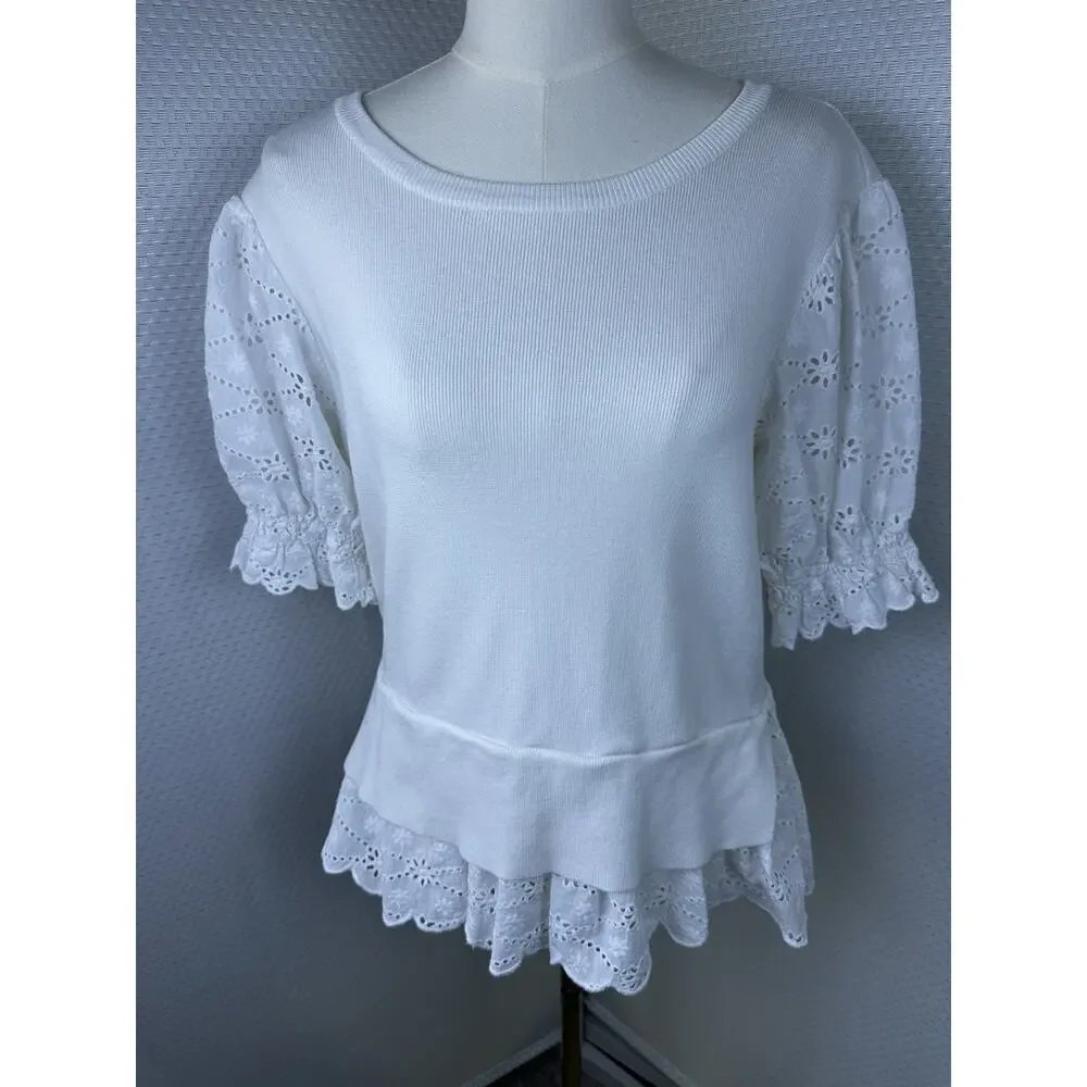 Anthropologie English Factory Eyelet Puff-Sleeve Sweater Tee Anthro Large